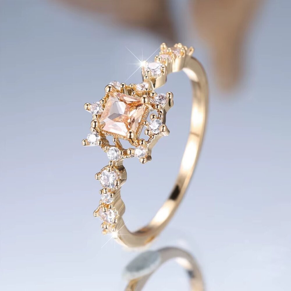 NEW 14k Gold Champagne Princess Cut Diamond Ring Dainty Band - Picture 3 of 7